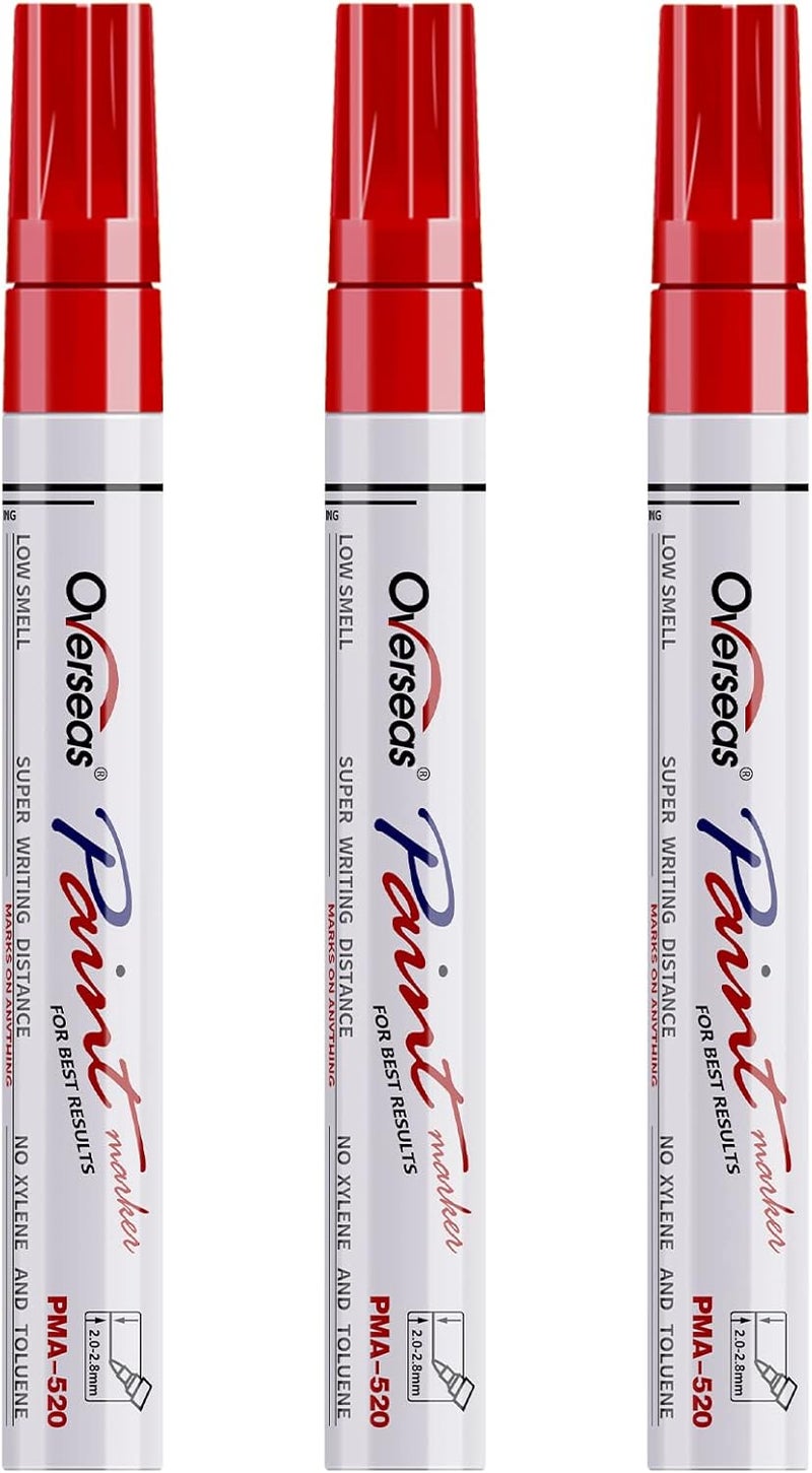 Overseas Permanent Paint Markers Pens - 3 Pack Red Oil Based Paint Pens, Medium Tip, Quick Drying and Waterproof Marker Pen for Metal, Rock, Wood, Fabric, Plastic, Canvas, Mugs, Stone, Glass - Image 1